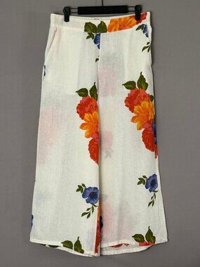 Joie 100% Linen Floral Wide Leg Pants L White Pull On Beach Resort Boho